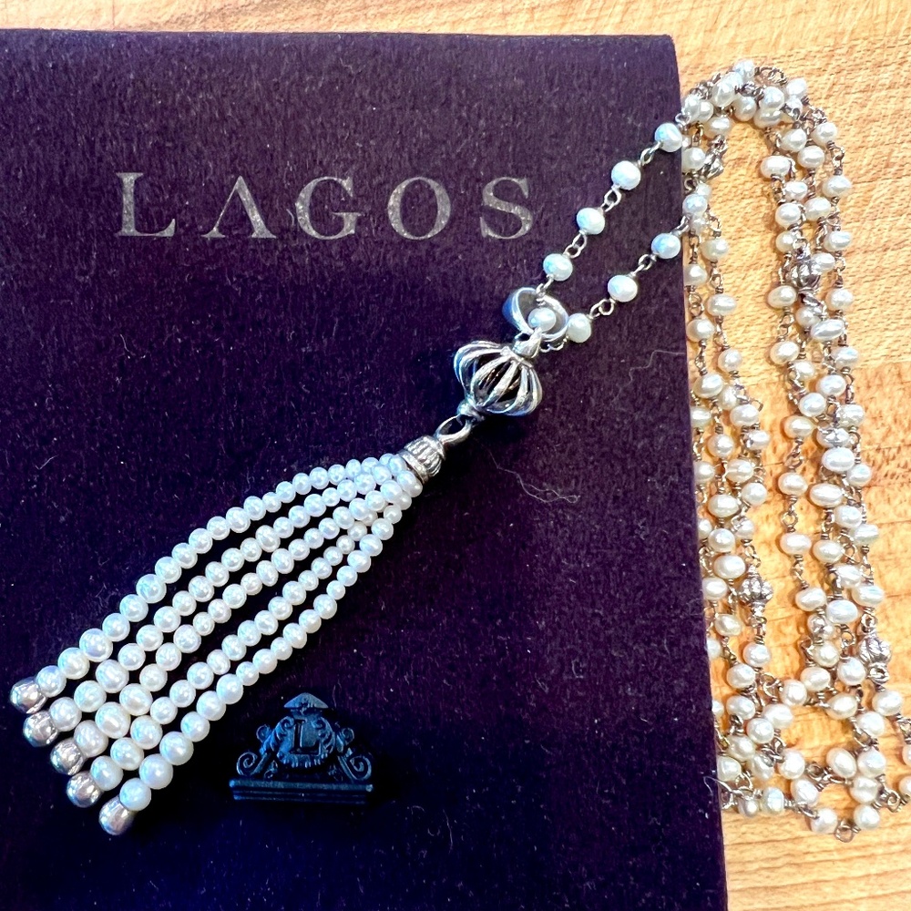 LAGOS Luna Pearl and Sterling beaded tassel necklace